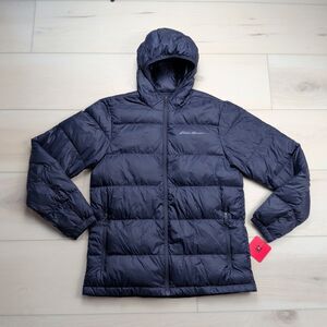 Eddie Bauer Down Puffer Jacket Mens Medium EB650 Wide Channel Hooded Blue NWT